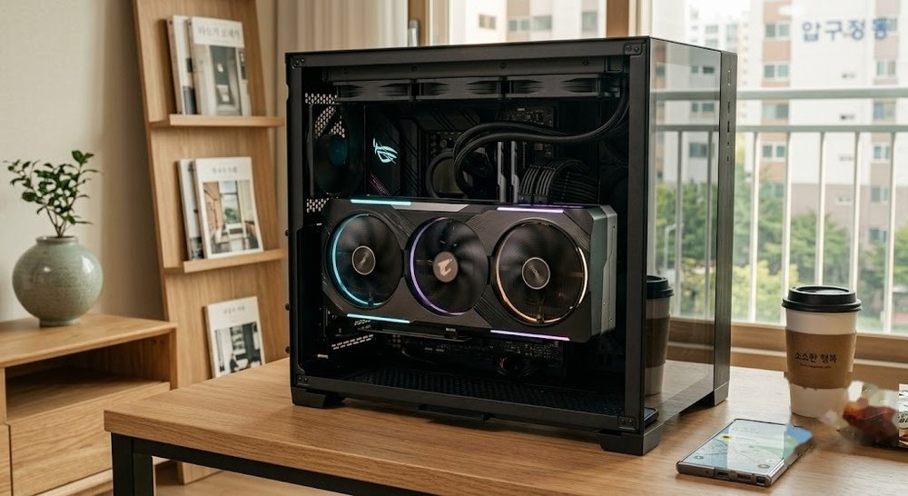PC 케이스 내부에 장착된 고성능 갤럭시 그래픽카드