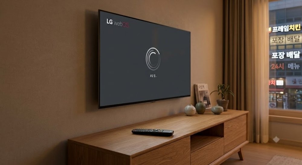 LG 스마트TV 화면에 로딩 표시가 떠 있는 거실 모습