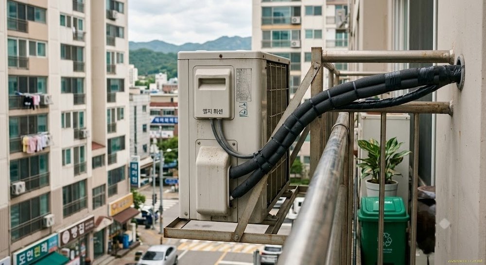 베란다에 설치된 에어컨 실외기 클로즈업