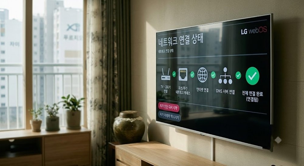 LG TV 설정 메뉴에서 네트워크 진단 아이콘이 초록색으로 표시된 화면