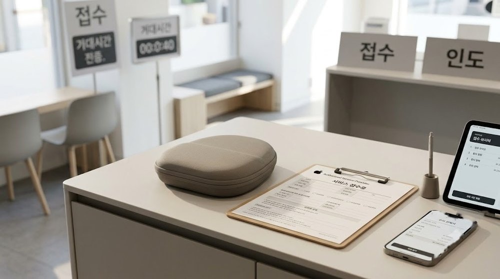 애플 공인서비스센터 접수 카운터에 놓인 헤드폰 케이스와 서류