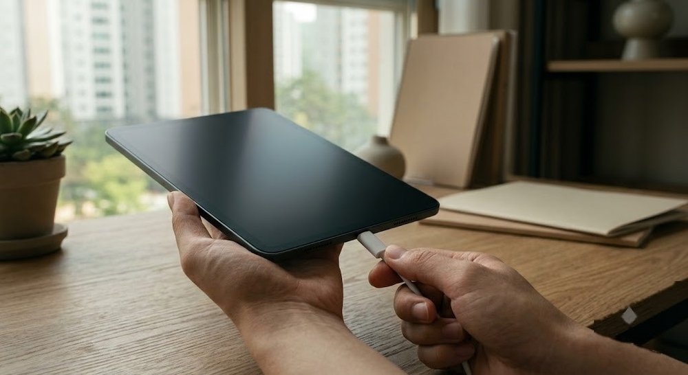 갤럭시 태블릿에 USB-C 충전 케이블을 연결하는 모습