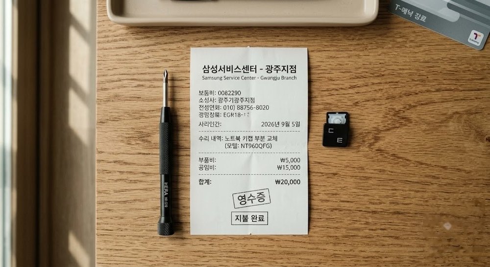 드라이버와 분리된 키캡, 수리 영수증이 놓인 책상
