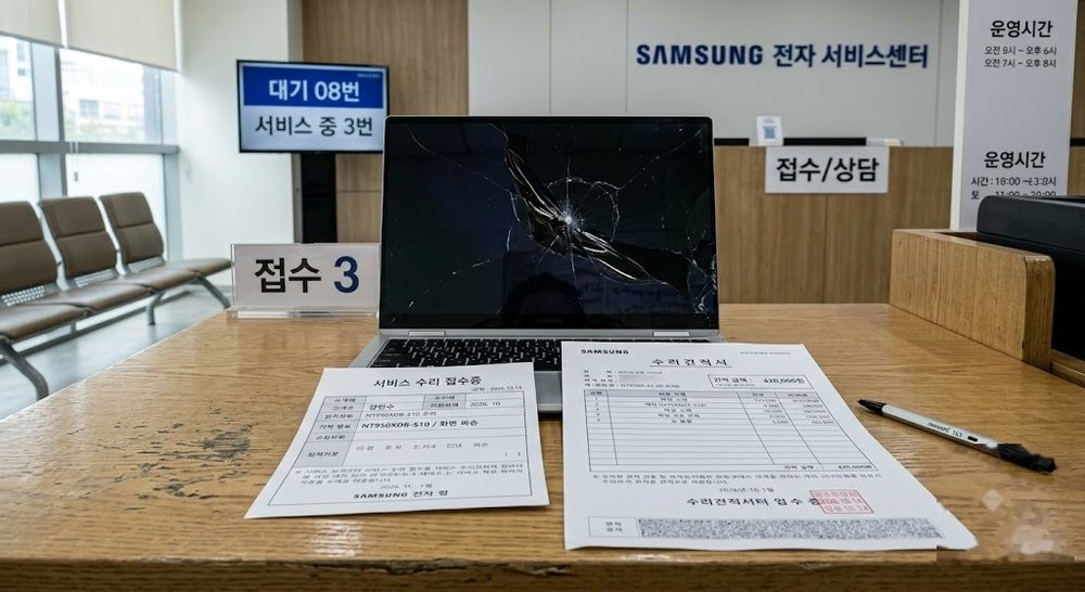 서비스센터 카운터에 접수 서류와 파손된 노트북이 놓인 모습