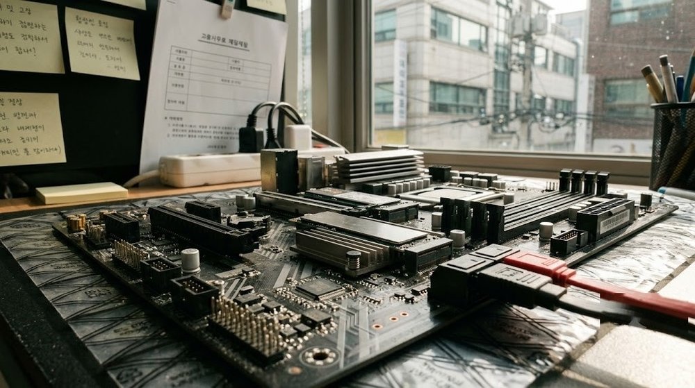 컴퓨터 메인보드에 장착된 M.2 SSD와 SATA 케이블 연결 상태
