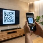 스마트폰으로 스마트 TV 화면의 쿠팡플레이 QR 코드를 스캔하는 모습