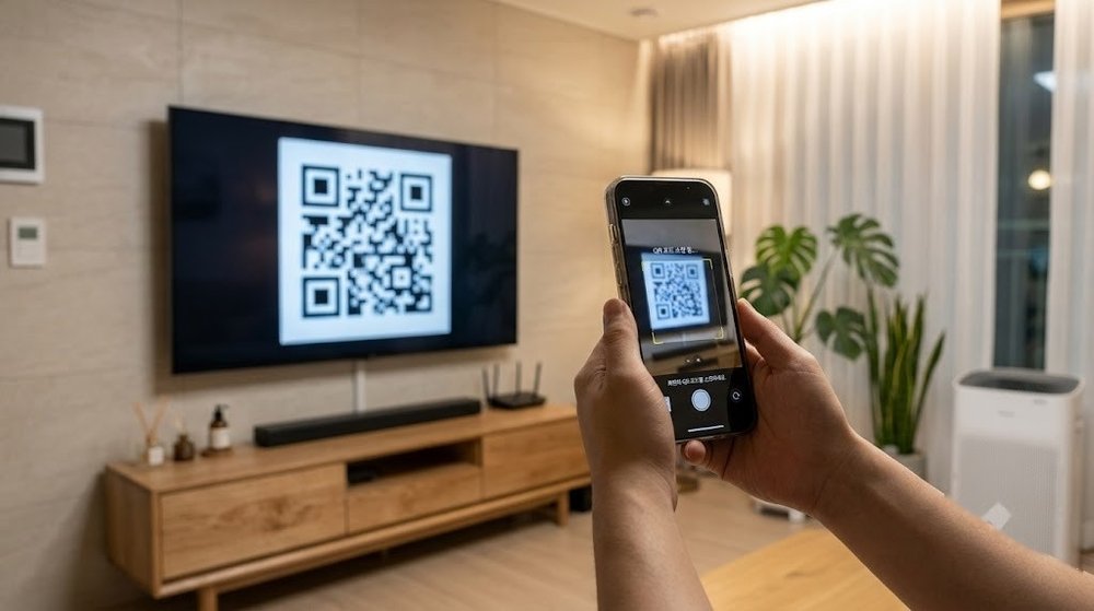 스마트폰으로 스마트 TV 화면의 쿠팡플레이 QR 코드를 스캔하는 모습