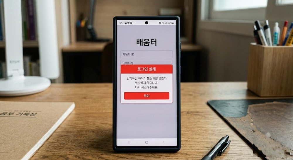워드마스터 학습앱 로그인 안됨 스마트폰 화면