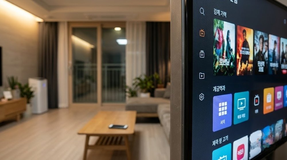 쿠팡플레이 tv 로그인 안됨 증상을 보여주는 스마트 TV와 스마트폰 거실 배경
