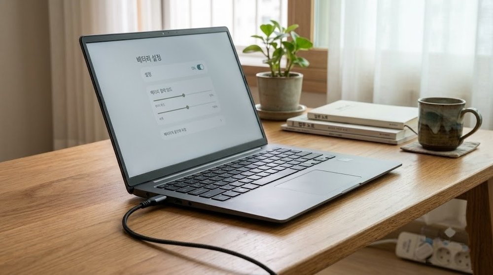 LG 노트북 배터리 설정 화면과 충전 케이블 연결 모습
