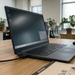 노트북 화면의 배터리 충전 아이콘과 USB-C 충전 케이블이 연결된 모습