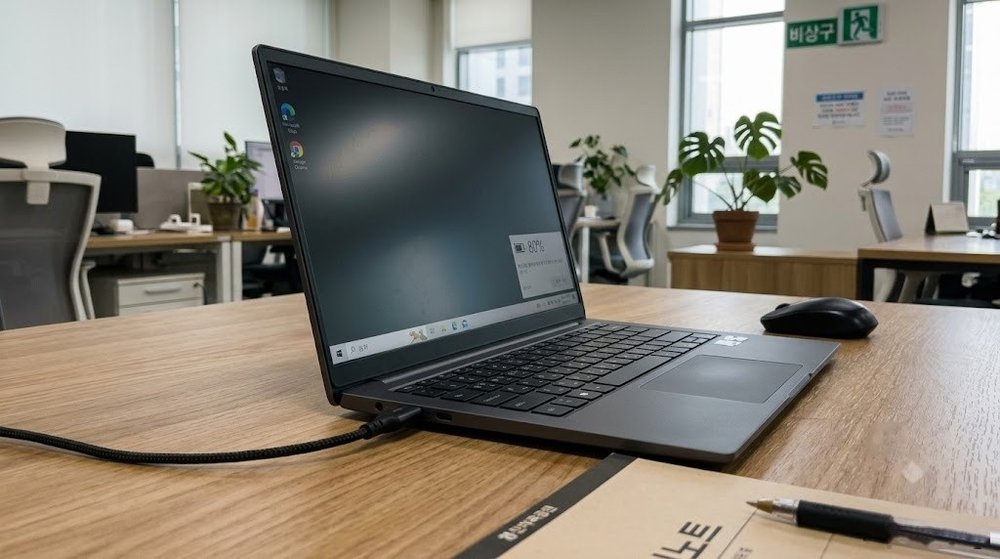 노트북 화면의 배터리 충전 아이콘과 USB-C 충전 케이블이 연결된 모습