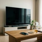 스마트 TV 앞 테이블에 놓인 스마트폰 모습