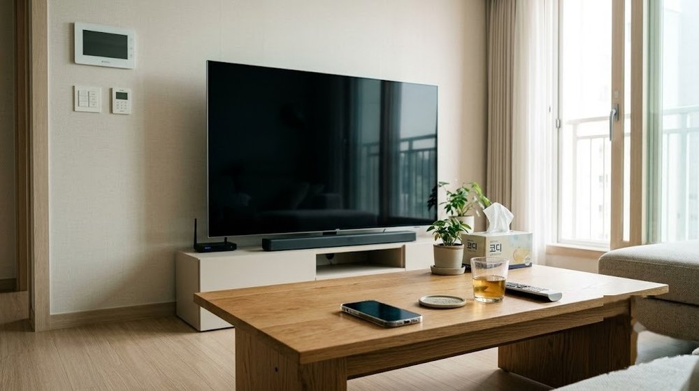 스마트 TV 앞 테이블에 놓인 스마트폰 모습
