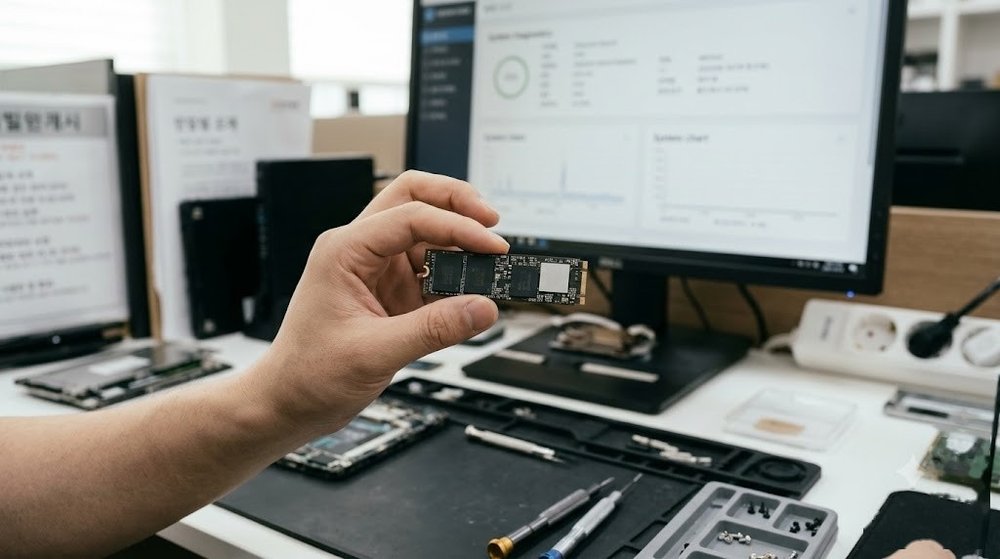 컴퓨터 메인보드에서 분리된 SSD 저장장치 점검