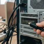 그래픽카드 hdmi 단자에 케이블이 연결된 데스크톱 후면 모습