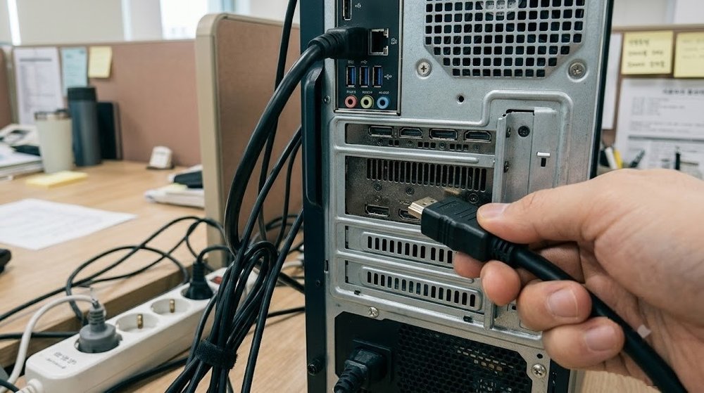 그래픽카드 hdmi 단자에 케이블이 연결된 데스크톱 후면 모습