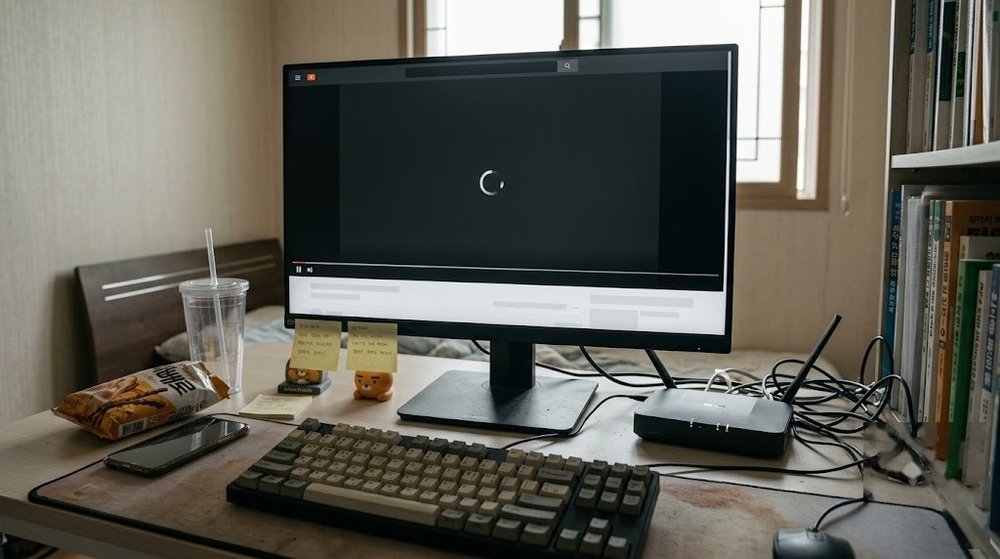 PC 모니터 무한 로딩 화면과 와이파이 공유기