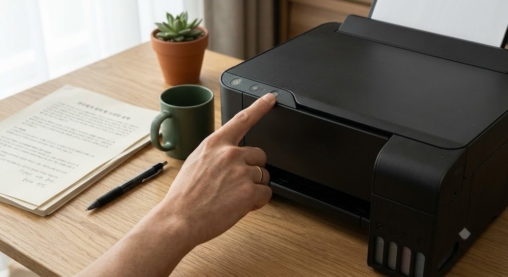 epson 프린터 전원 버튼을 길게 누르는 모습