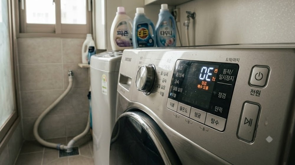 삼성 세탁기 전면 디스플레이에 에러코드가 표시된 모습