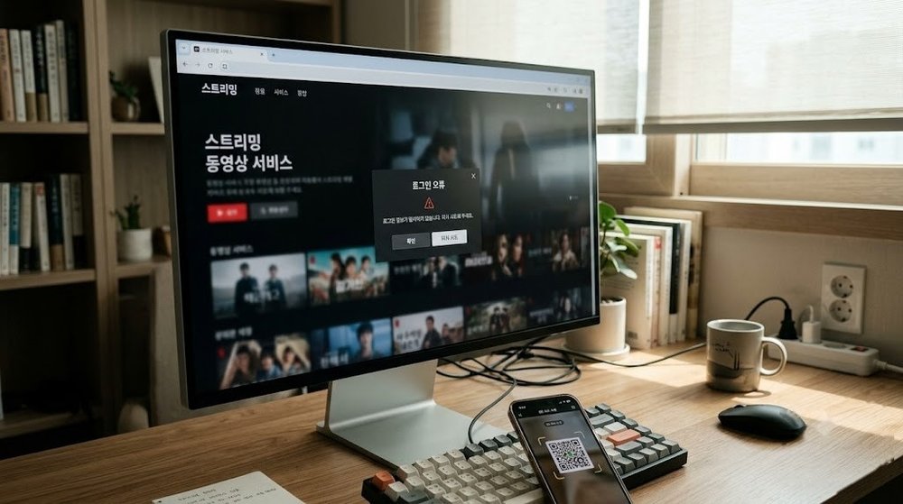 웨이브 PC 로그인 안됨 오류 화면과 스마트폰 QR 스캔 준비