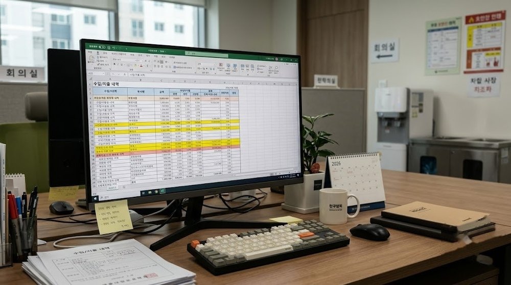 컴퓨터 모니터에 엑셀 조건부서식 색이 강조되어 있는 화면