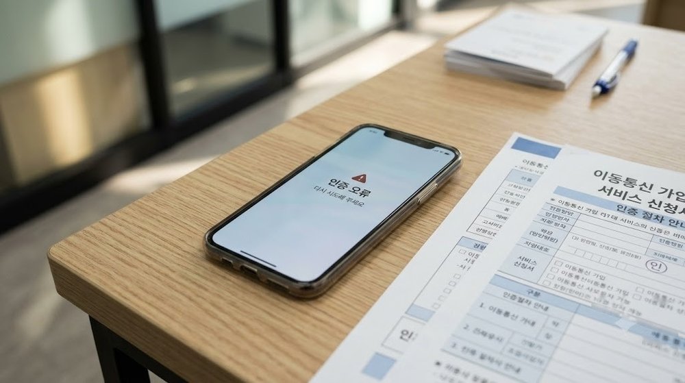 스마트폰 화면에 뜬 PASS 인증 오류 메시지와 서류