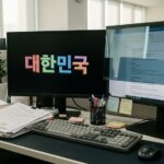 듀얼 모니터 화면보호기 및 블루라이트 필름이 설치된 데스크 환경
