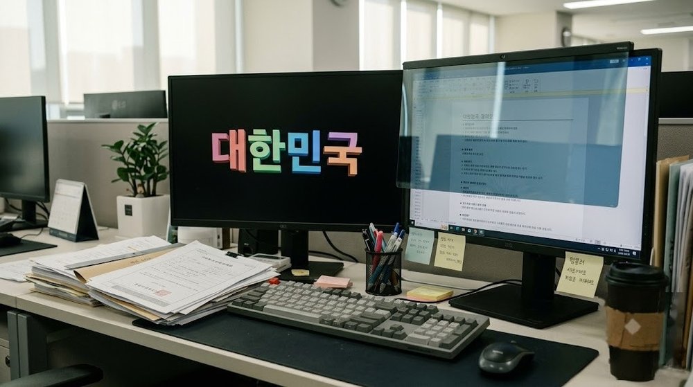 듀얼 모니터 화면보호기 및 블루라이트 필름이 설치된 데스크 환경
