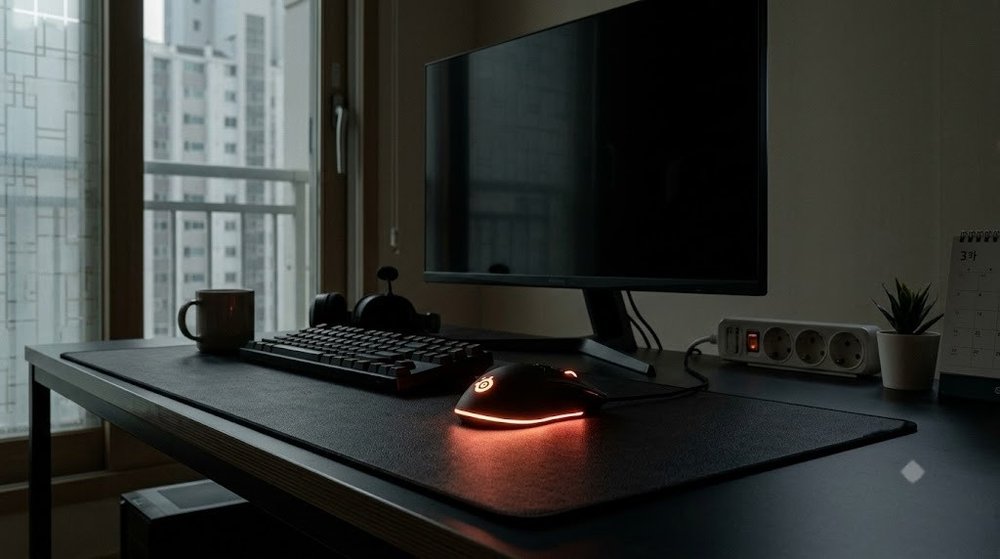 어두운 방에서 켜져 있는 마우스 LED 조명