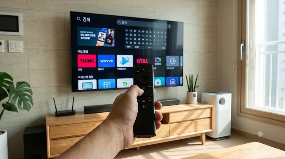 스마트 TV 리모컨으로 쿠팡플레이 앱을 검색하는 모습