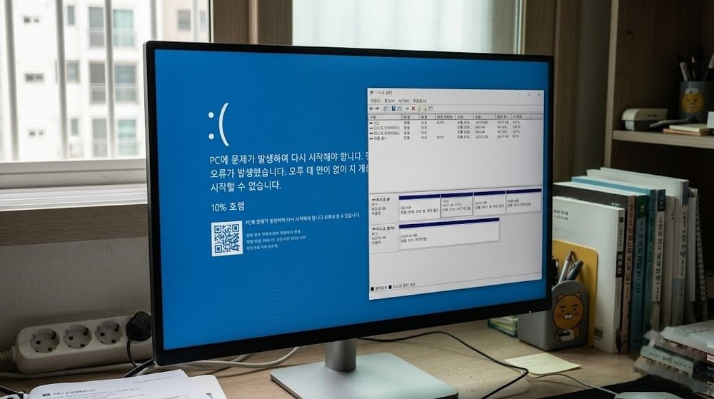 모니터에 뜬 블루스크린 오류와 윈도우 디스크 관리 도구 실행 화면