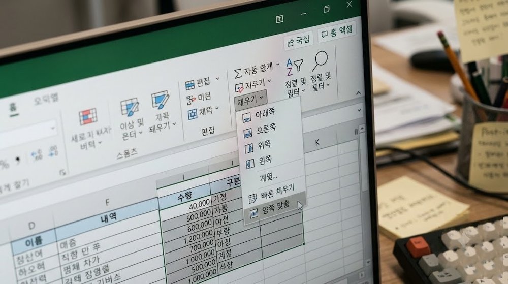 엑셀 양쪽 맞춤으로 데이터 손실 없이 병합하는 설정 화면