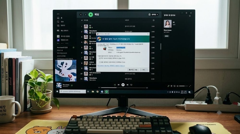 PC 모니터에 스포티파이 방화벽 오류 알림이 뜬 모습