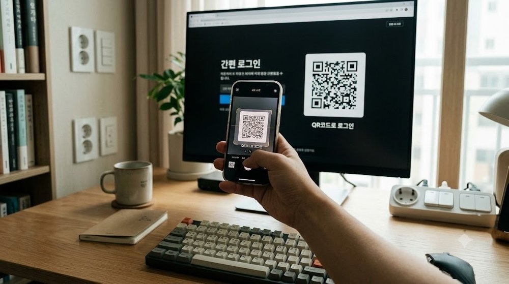 스마트폰으로 PC 모니터의 로그인 QR 코드를 스캔하는 모습