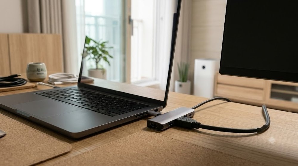 노트북과 USB-C 허브를 통해 연결된 모니터 세팅