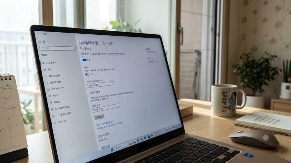노트북 화면에 띄워진 디스플레이 및 그래픽 제어판 설정 창