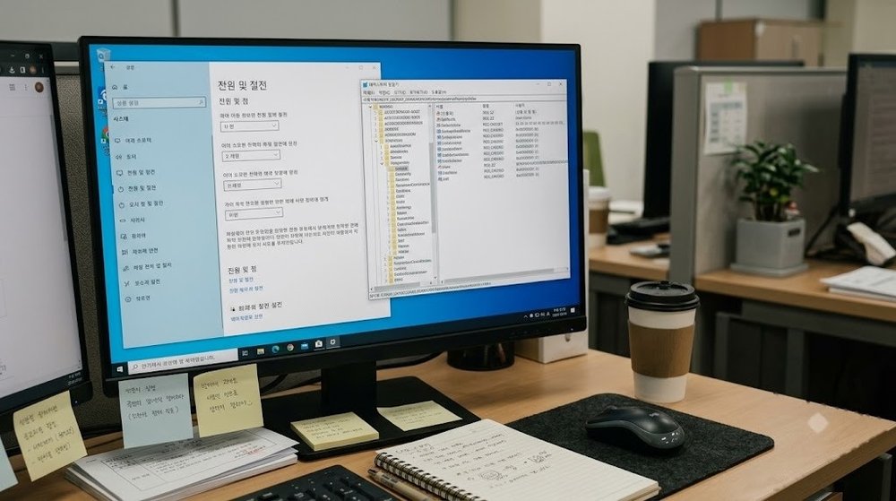 윈도우 모니터 화면보호기 설정 및 레지스트리 편집 화면